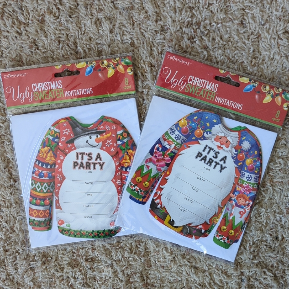 Christmas Party Invitations - Ugly Sweater Design Lot Of 16 Cards And Envelopes